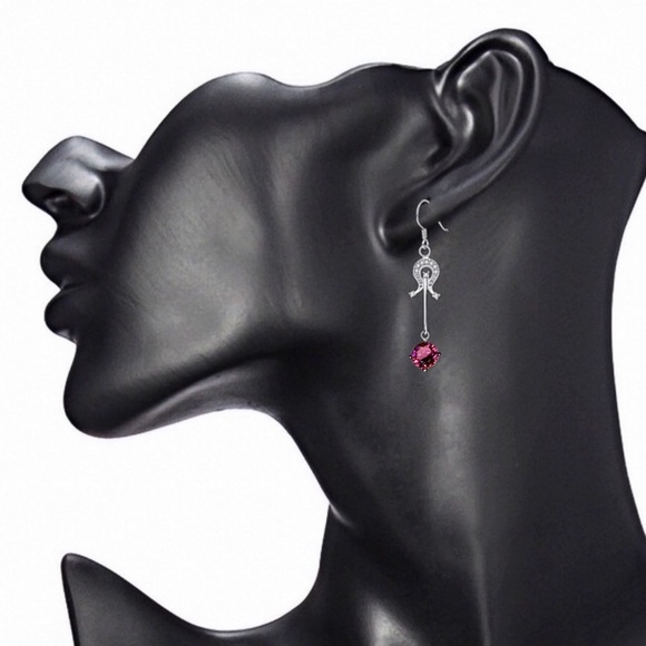 925 Silver Plated Emblem Pink CZ Earrings - Picture 3 of 7